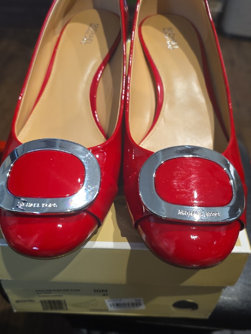 Michael Kors Red Patent Leather Heels with Silver Buckle Accent